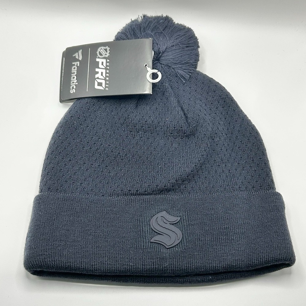 Seattle Kraken Fanatics Team Logo Beanie Hat Cap Knit Cuff Pom Blue NHL Hockey